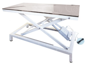 Tavolo elettrico veterinario da visita con regolazione in altezza tramite pedaliera, struttura in acciaio inox AISI 304 e vaschetta raccogli liquidi. Ideale per cliniche e ambulatori veterinari professionali.