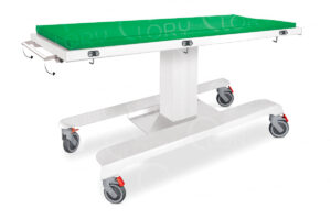 Veterinary stainless steel magnetic resonance imaging (MRI) stretcher table with braking wheels