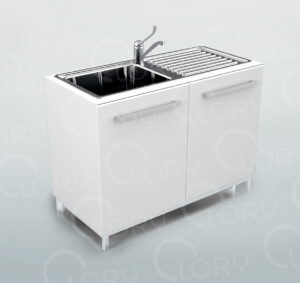 Cabinet with single sink and drip pan on right side