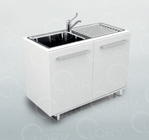 Cabinet with single sink and drip pan on right side