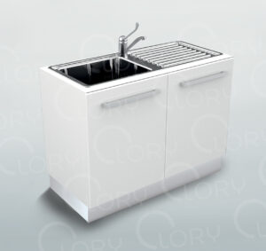 Cabinet with single sink and drip pan on right side